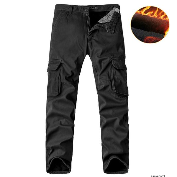 

mens designer luomu outdoor casual plush thickened tooling cotton loose pantsh, Black