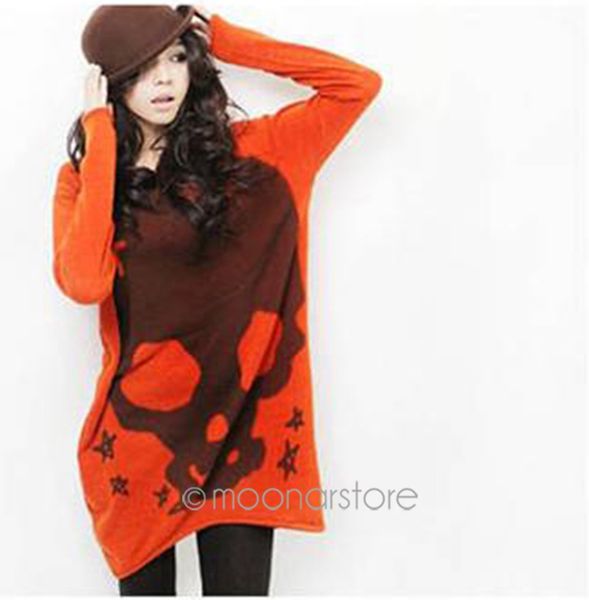 

2017 hot sale women's loose skull print long sleeve shirt pullovers o-neck knitted long shirt autumn winter, Black