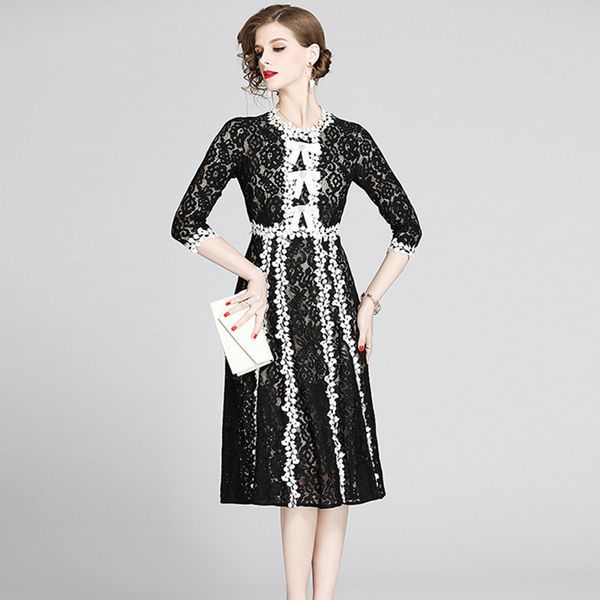 

womens designer heavy embroidery lace season slim seven-point sleeve round neck temperament long dress skirtw61u, Black;gray