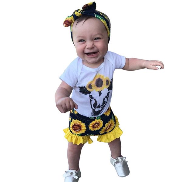 

newborn baby kid girls summer short sleeve cartoon printed romper sunflowers floral shorts outfits baby set clothing dropship, White