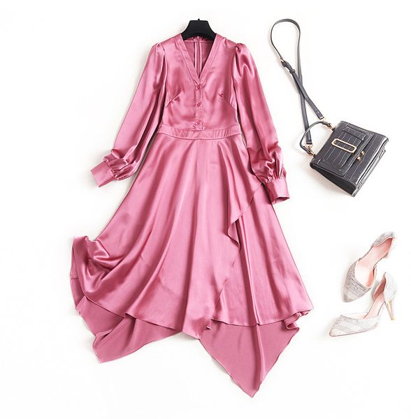 

fashion v-neck high waist imitation satin dress 2020 spring high waist new irregular raglan sleeve dress fashion elegant clothes new, Black;gray