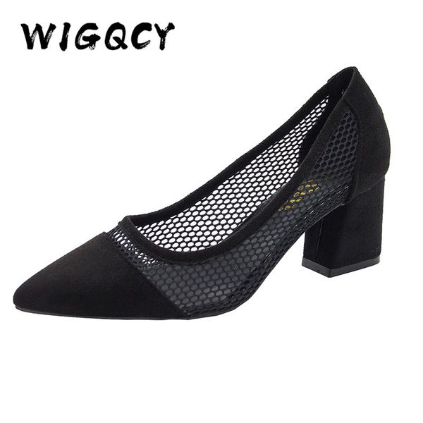 

mesh high heels summer shoes woman new breathable high heel slender heel shallow mouth pointed square slip-on single shoes, Black