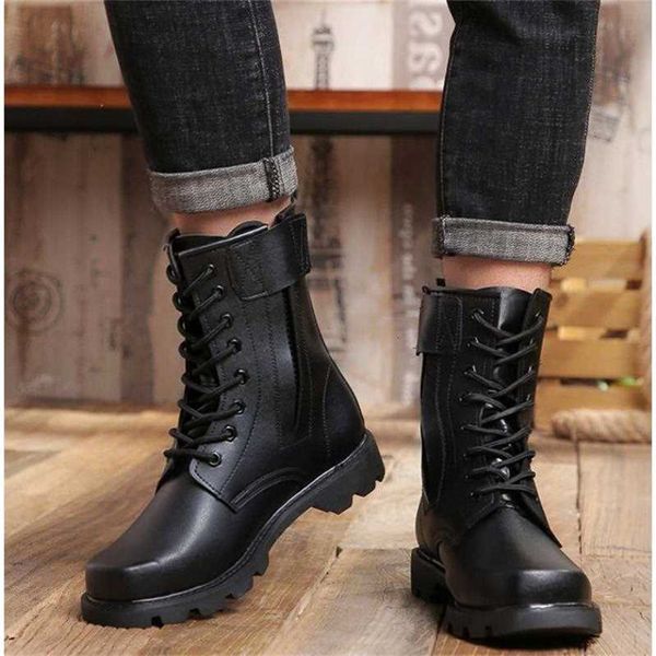 Heißer Verkauf - 36-46 Frühling Männer Militärstiefel Echtes Leder Stahlkappe Schuhe Schnüren Schwarz Wasserdichte Arbeitsstiefel Männer Plattform Motorradstiefel