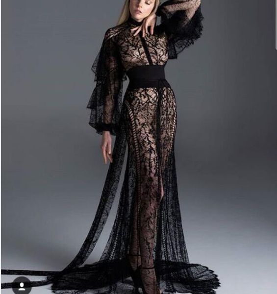 

new spring evening dress yousef aljasmi black high neck lace puffy sleeve mermaid e split long dress, Black;pink