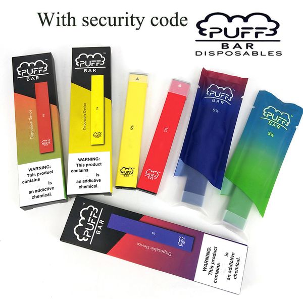 

Puff Bar одноразовые электронные сигареты Pod устройство с кодом безопасности 280mah батарея емкость 1,3 мл Puffbar Vape Pen картридж с упаковочной коробкой