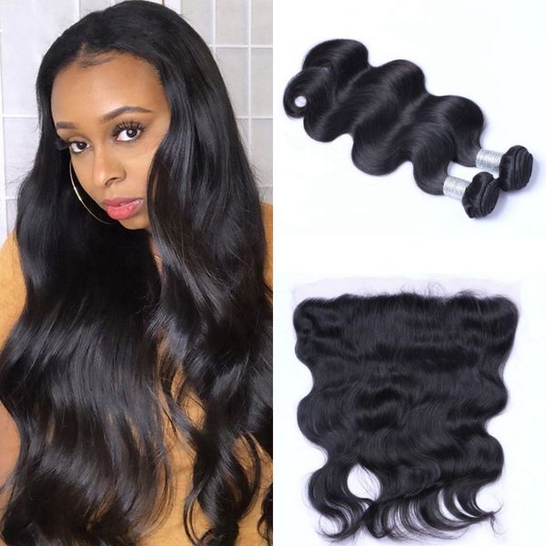 

lace frontal closure with bundles 2 bundles human hair malaysian body wave bundles with frontal ear to ear lace, Black;brown