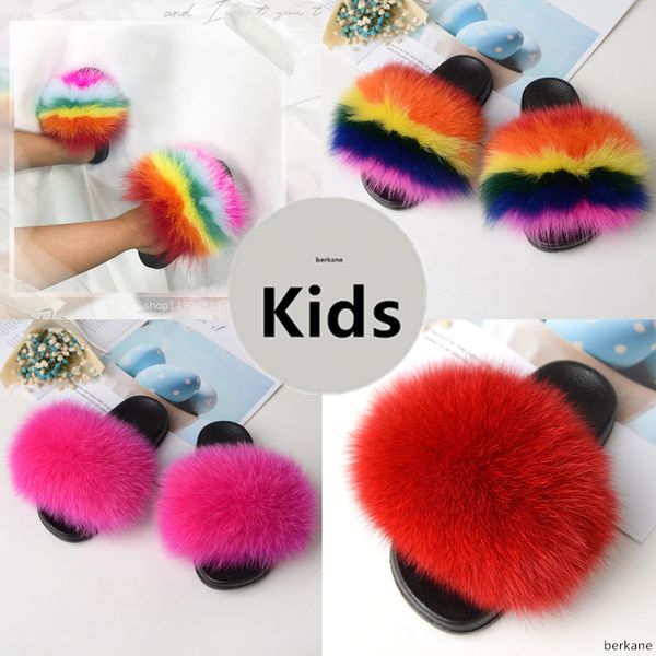 

real fox slippers kids winter fur child home slides girls sliders raccoon fluffy chinelo flats beach summer children indoor y190523, White
