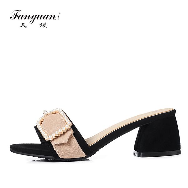 

fanyuan fashion mixed colors flock high heels summer pearl belt buckle slides solid outside peep toe ladies slippers women shoes, Black