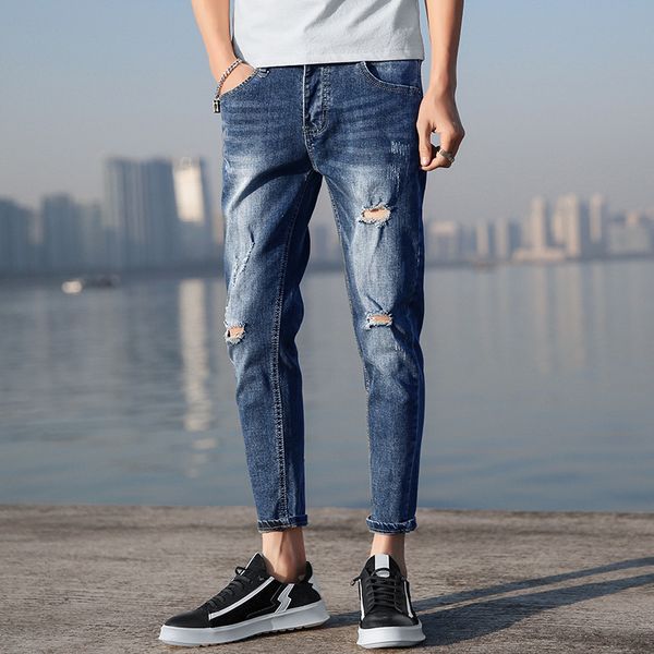 

spring new jeans men slim fashion washed solid color casual denim pants man streetwear hip hop cowboy trousers male clothes, Blue