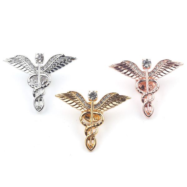 

3 colors crystal caduceus pins brooch badge lapel pin symbol jewelry gifts for students, Gray