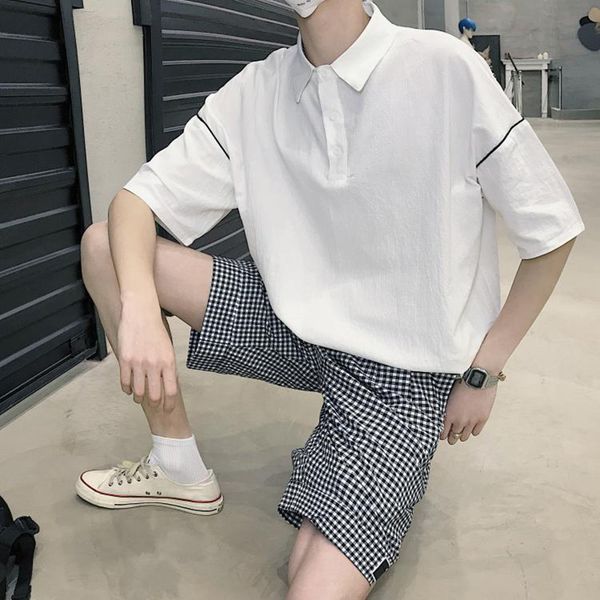 

2020 summer shirt men short sleeve casual loose men shirts solid turn down collar male 4xl 5xl, White;black
