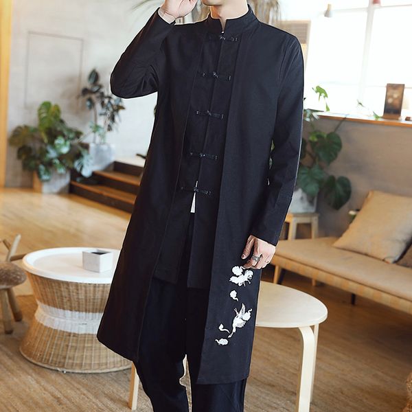 

2018 autumn men's new chinese style wind buckle, cranes embroidered large code medium length windbreaker, extra size code m-5xl, Black