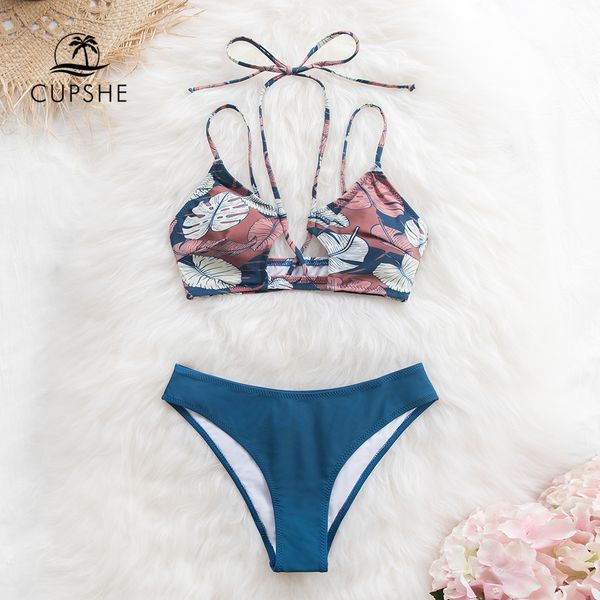 

cupshe palm print and navy striped halter bikini sets women lace up swimsuits two pieces swimwear 2019 beach bathing suits