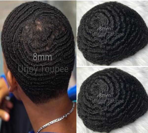 Erkek Peruk Hairpieces 8mm Afro Dalga Saç Peruk Tam İsviçre Dantel Peruk Malezya Virgin İnsan Saç Değiştirme Siyah Erkekler Için Ücretsiz Kargo