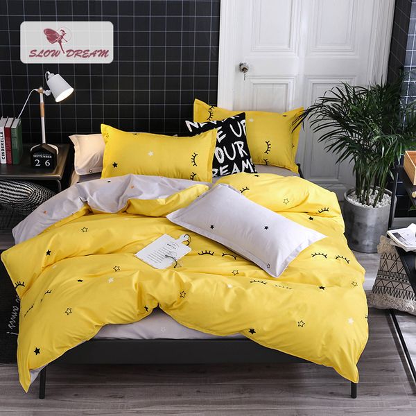 

slowdream lovely yellow bedspread gray flat sheet pillowcase bed cover linens for child double  bedclothes home decor