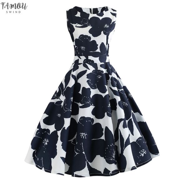 

floral print vintage dress sleeveless o-neck summer pin up dress women rockabilly a-line party dresses feminino vestidos, Black;gray