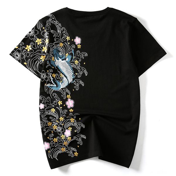 

summer tide brand chinese style squid national wind embroidery personality loose large size t-shirt men's cotton 1004, White;black