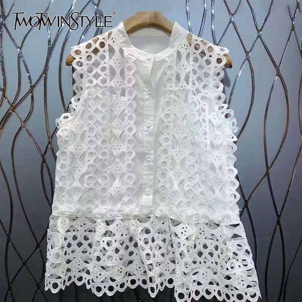 

twotwinstyle solid casual women blouse stand sleeveless off shoulder hollow out button female fashion 2019 spring new, White