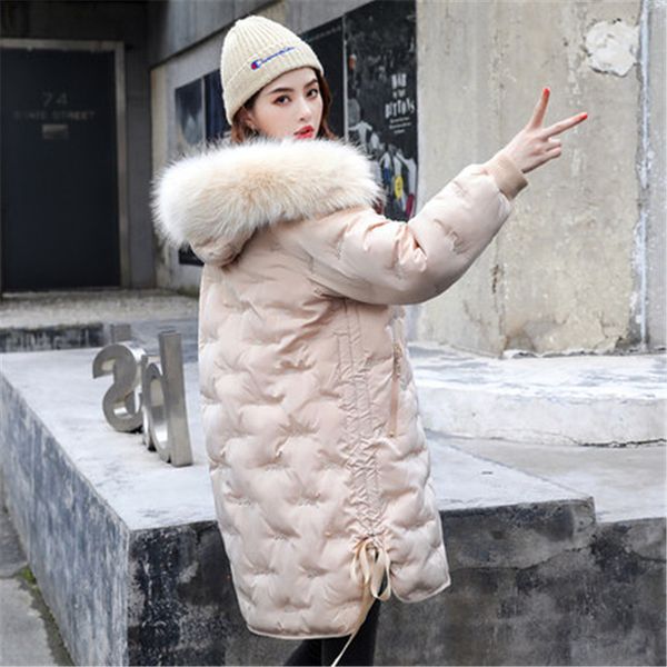 

fashion 2019 new winter women faux fur collar hooded down cotton loose long coat outwear female padded jacket parkas mujer v997, Tan;black