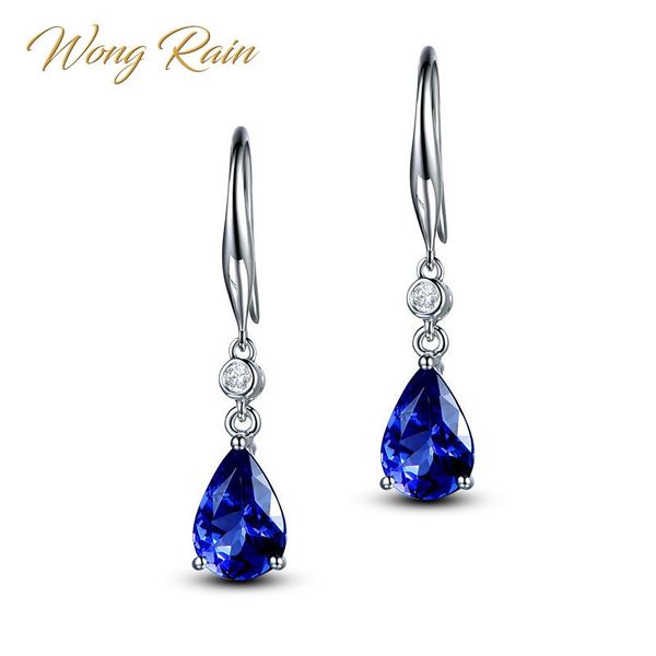 

wong rain 100% 925 sterling silver royal blue sapphire gemstone white gold drop dangle hook earrings fine jewelry gift wholesale, Golden;silver