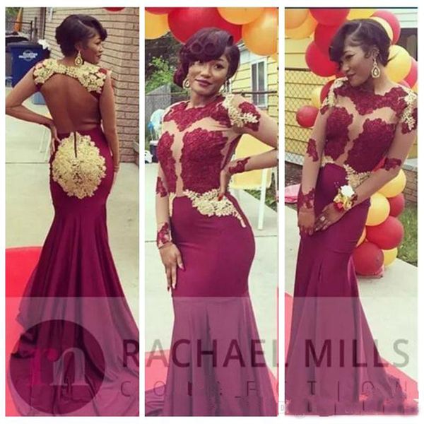 

2018 Sheer Jewel Neck Mermaid Prom Dresses Illusion Bodices Open Back Slim Long Evening Dresses Gold Lace Formal Evening Party Gowns