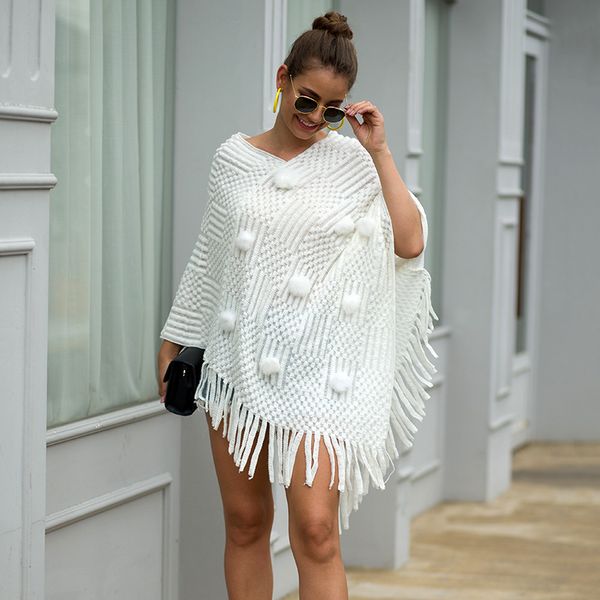 

hee grand women tassels sweaters 2019 autumn fashion pom poms cloaks knitted outwears red wraps black khaki pullovers wzl1509