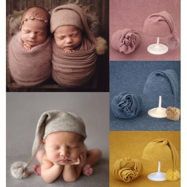 

2pcs/set newborn pgraphy props blanket baby fur ball knitted hat baby beanie p shoot accessories, Yellow