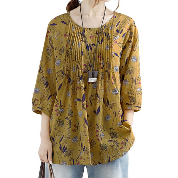 

women v-neck 3/4 sleeve loose flower print blouse shirt cotton prairie chic leisure blouses 5xl plus size, White