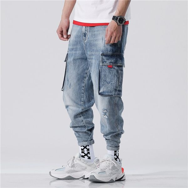 

harajuka hip hop pockets vintage cowboy cargo harem pants ankle length loose casual jogging trousers plus size 28-42 streetwear, Blue
