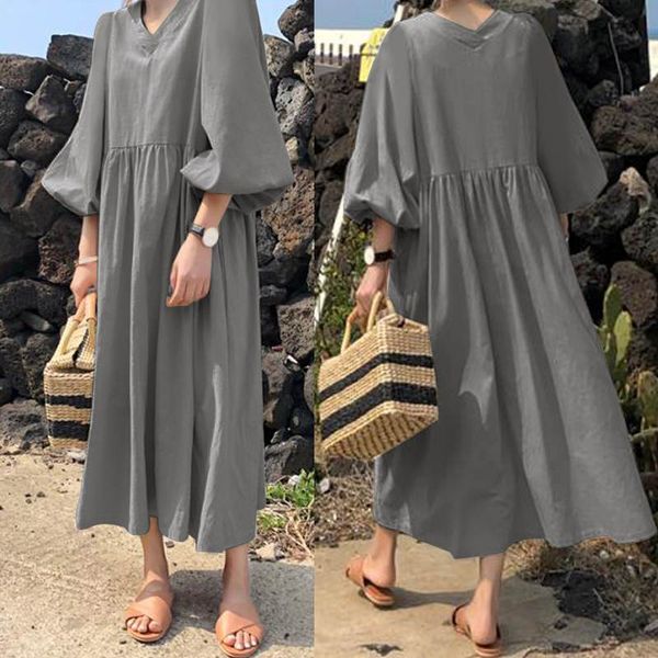 

celmia women summer v-neck maxi dress 2019 vintage pleated long shirt dresses casual puff sleeve loose party vestidos plus size, Black;gray