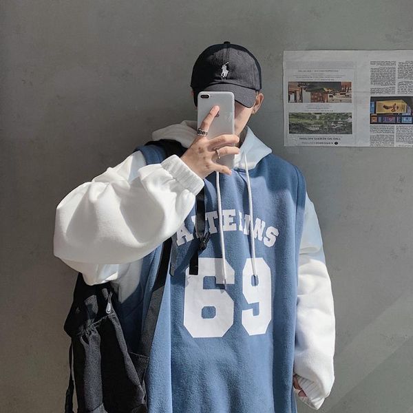 

autumn les handsome t laziness-style mock two-piece hoodie boy's couples ins trend hong kong style bf loose-fit coat, Black