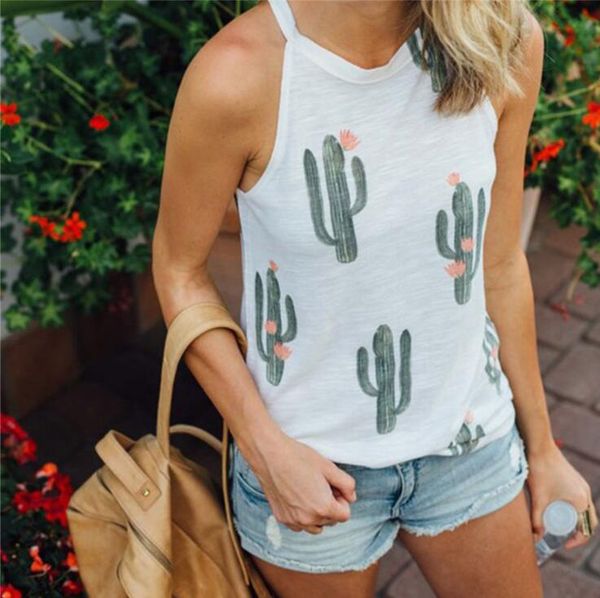 

new fashion womens summer lady camis with cactus printted o-neck breathable designer women tees clothing 3 colors s-xl, White