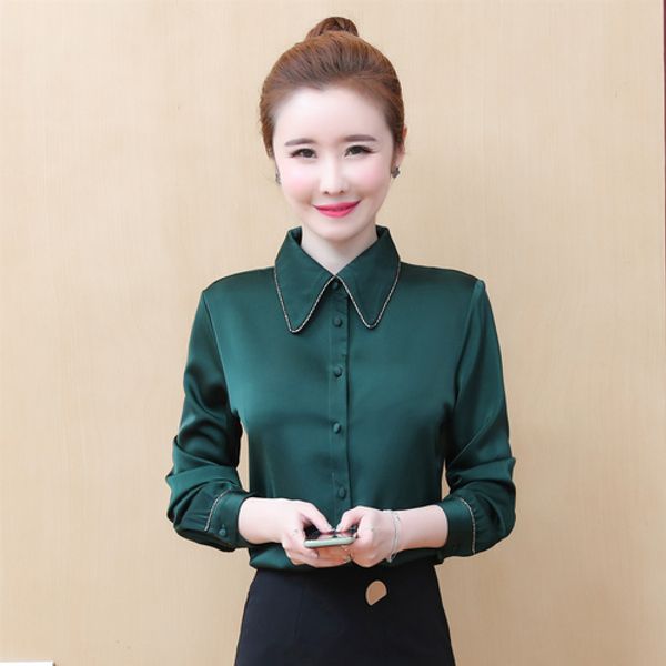

quality luxury runway silk button elegant shirts women long sleeve lapel neck ladies designer shirt blouses casual office slim shirts, White