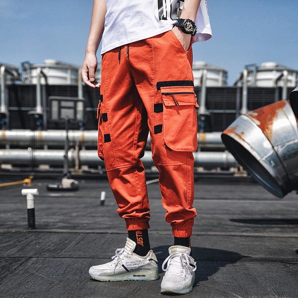 

4xl plus size orange cargo pants men zipper pockets japanese streetwear cargo pants for men summer harem sports causal, Black