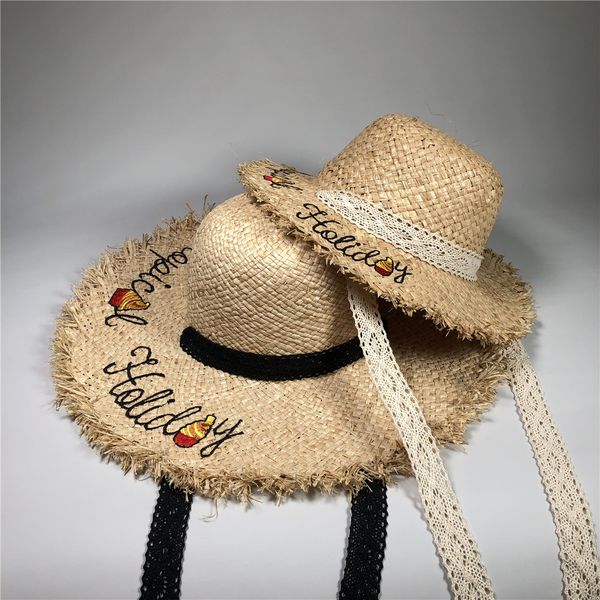 

black ribbon lace up handmade weave raffia sun sport hats for women large brim straw hat outdoor beach summer caps feminino#4, Black;white