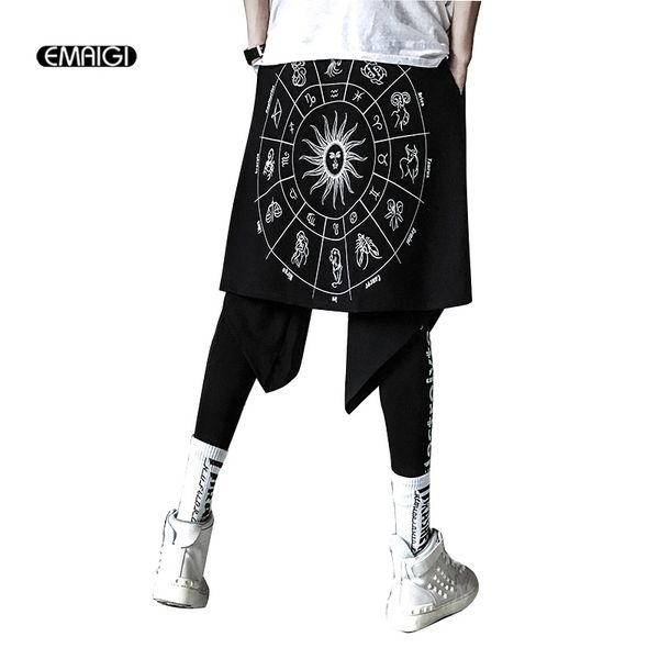

men's fashion printing asymmetric skirt pant high street hip hop male casual harem pant mens trousers, Black