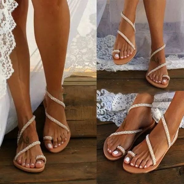 

shoes fashion women's crystal pearl flat-soled casual sandals new summer lady sandals bohemia comfortable ladies shoes t19, Black