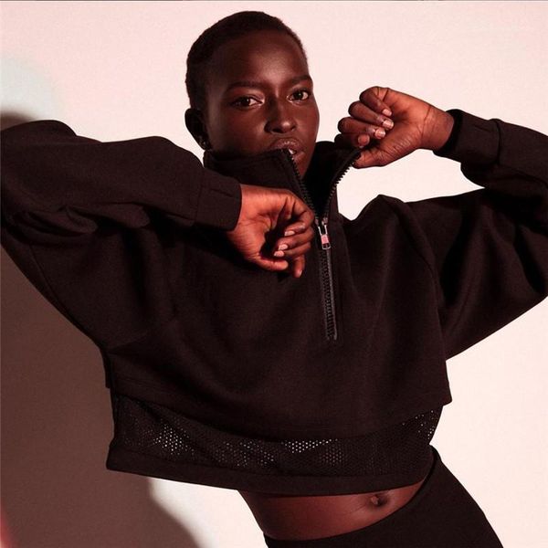 

black color stand collar womens hoodies fashion mesh patchwork long sleeve crop hoodies womens designer pullover with zipper