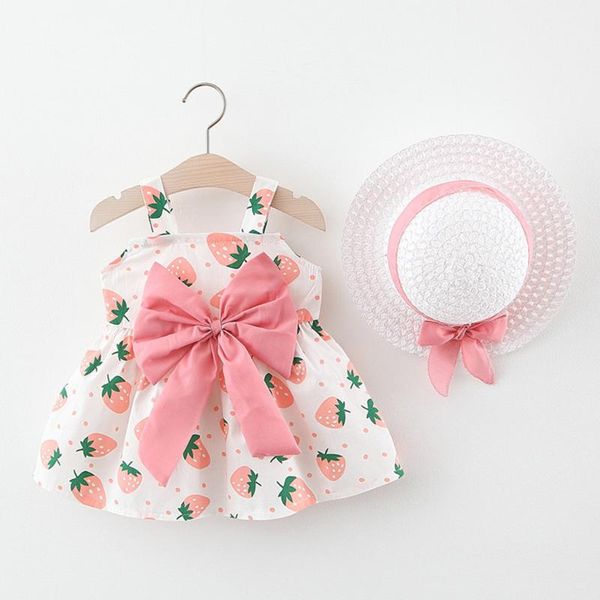

toddler baby kids girls strawberry bow princess dresses hat outfits clothes, White