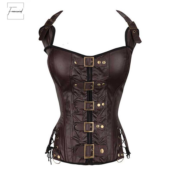 

coffee steampunk corset women neck strap black gothic corsets and bustier corselet overbust outwear corselet fashion, Black;white