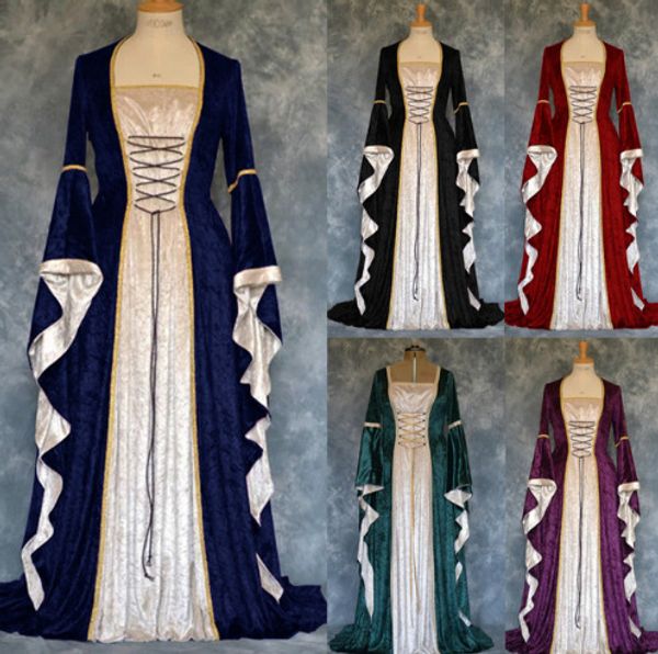 

spot dresses european american models gold velvet band flared sleeves retro medieval long section and ground dress women, Black;gray