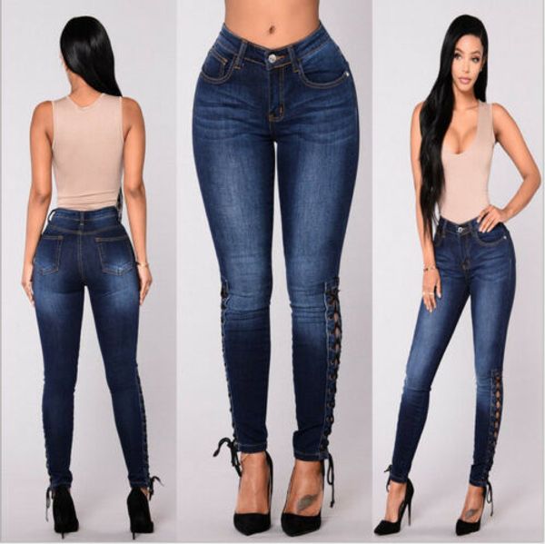 

women pencil stretch casual denim skinny jeans pants high waist jeans trousers, Blue