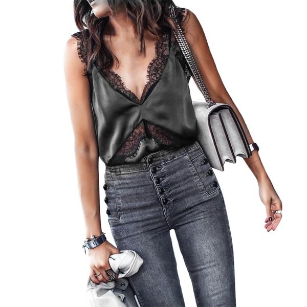 

sleeveless lace soft women camisole home shopping patchwork summer loose casual v neck streetwear daily, White