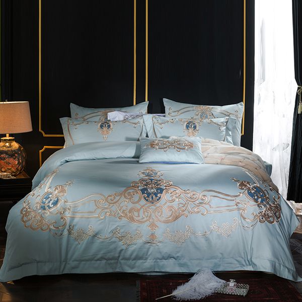 Light Blue European Luxury Golden Royal Embroidery Egyptian Cotton