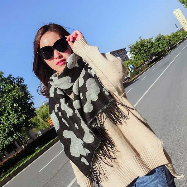 

women fashion cow printing cute scarf shawls fringes winter warm scarves with tassel streetwear wraps and scarves ladies, Blue;gray