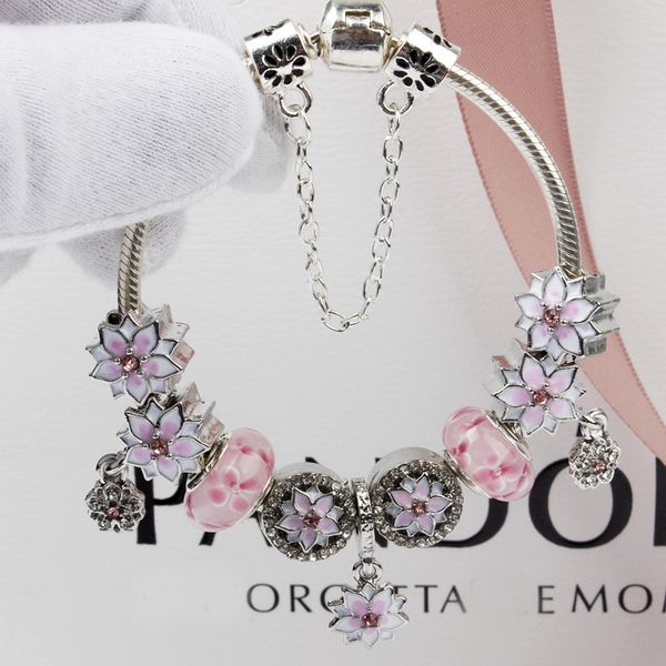 Atacado-Murano vidro encanto pulseiras Magnolia pingente pulseira para mulheres Original DIY Jóias Estilo Fit Pandora com coroa