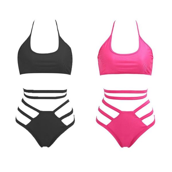 

women solid bandage halter two-piece swimwear push-up padded bikini set, White;black