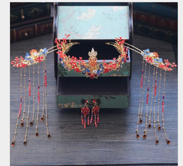 

crown chinese antique phoenix crown hair ornament tassels step dragon phoenix jacket xiuhe headdress, Slivery;golden