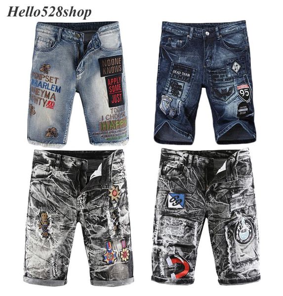 

hello528shop vintage summer denim shorts личность письма би вышивка straight сыпучие колен штаны для мужчин, Blue