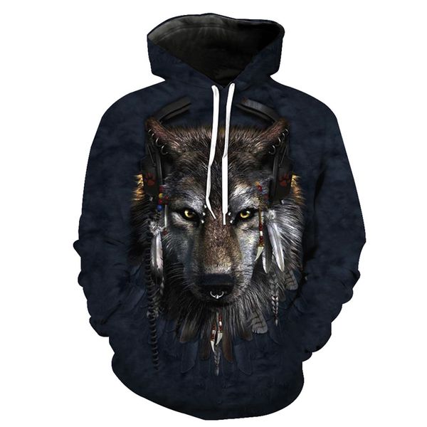 

dj wolf print fun hoodie sweatshirts, Black